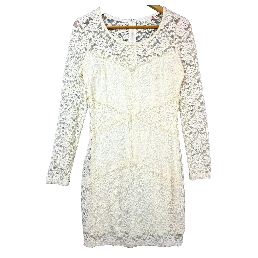 Guess Bodycon Mini Dress Womens Medium Beige Floral Lace Y2K Angelcore Feminine
